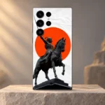 Chhatrapati Shivaji Maharaj horse statue mobile skin with orange circle and white paper print, clean studio hero