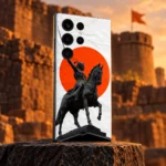 Chhatrapati Shivaji Maharaj horse statue mobile skin with orange circle and white paper print, fortress studio angle