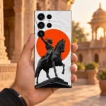 Chhatrapati Shivaji Maharaj horse statue mobile skin with orange circle and white paper print, heritage handheld view