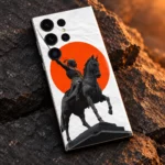 Chhatrapati Shivaji Maharaj horse statue mobile skin with orange circle and white paper print, horse statue artwork detail