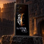 Black Shivaji Maharaj lion phone skin on dark basalt with warm heritage studio lighting