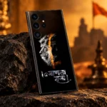 Detailed lion and Shivaji Maharaj split portrait with metallic Marathi lettering on black mobile skin