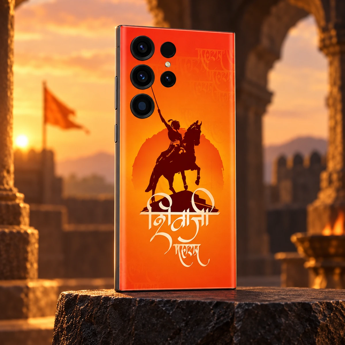 Shivaji Maharaj Saffron Horse Mobile Skin - Fort Studio Shivaji Maharaj orange mobile skin styled against a warm fort arch