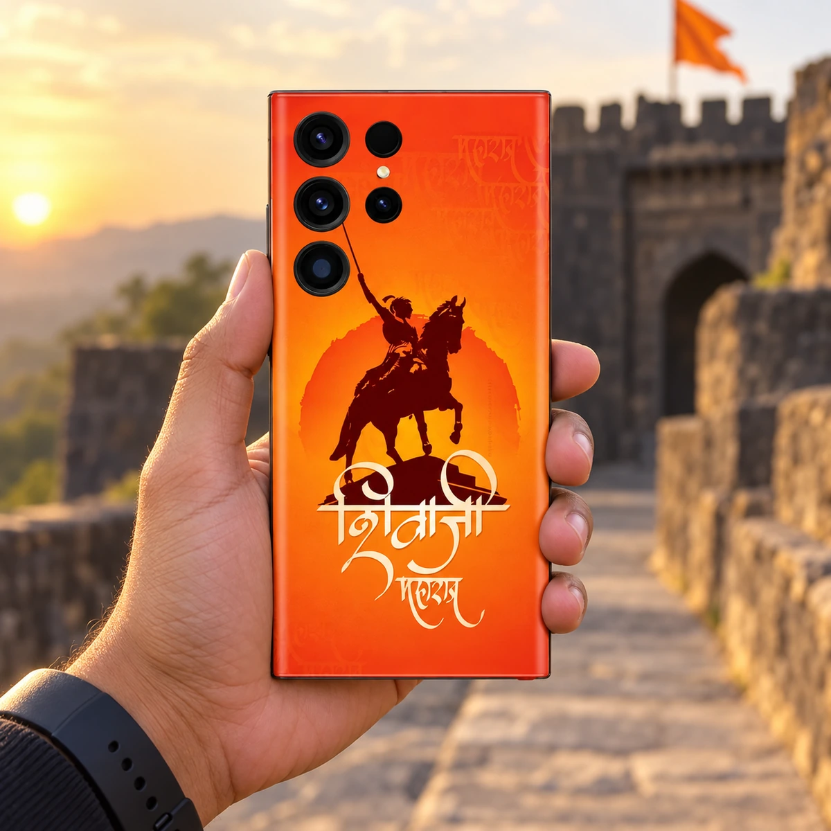 Shivaji Maharaj Saffron Horse Mobile Skin - In Hand Shivaji Maharaj saffron mobile skin held outdoors near a heritage fort