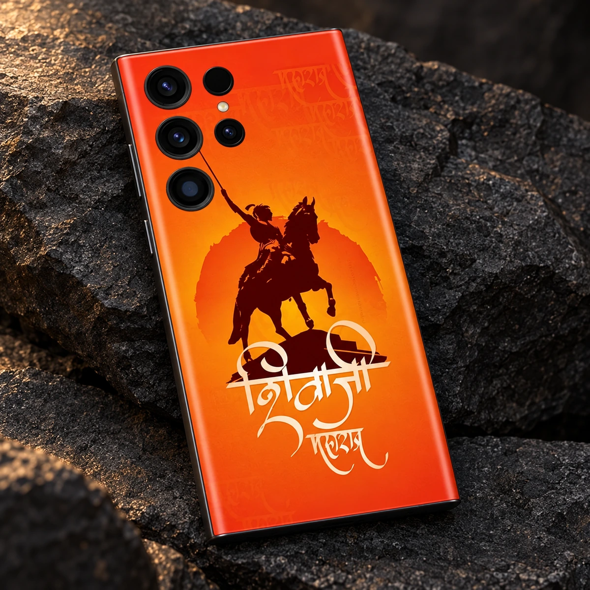 Shivaji Maharaj Saffron Horse Mobile Skin - Artwork Detail Close view of Shivaji horse silhouette and cream Marathi calligraphy