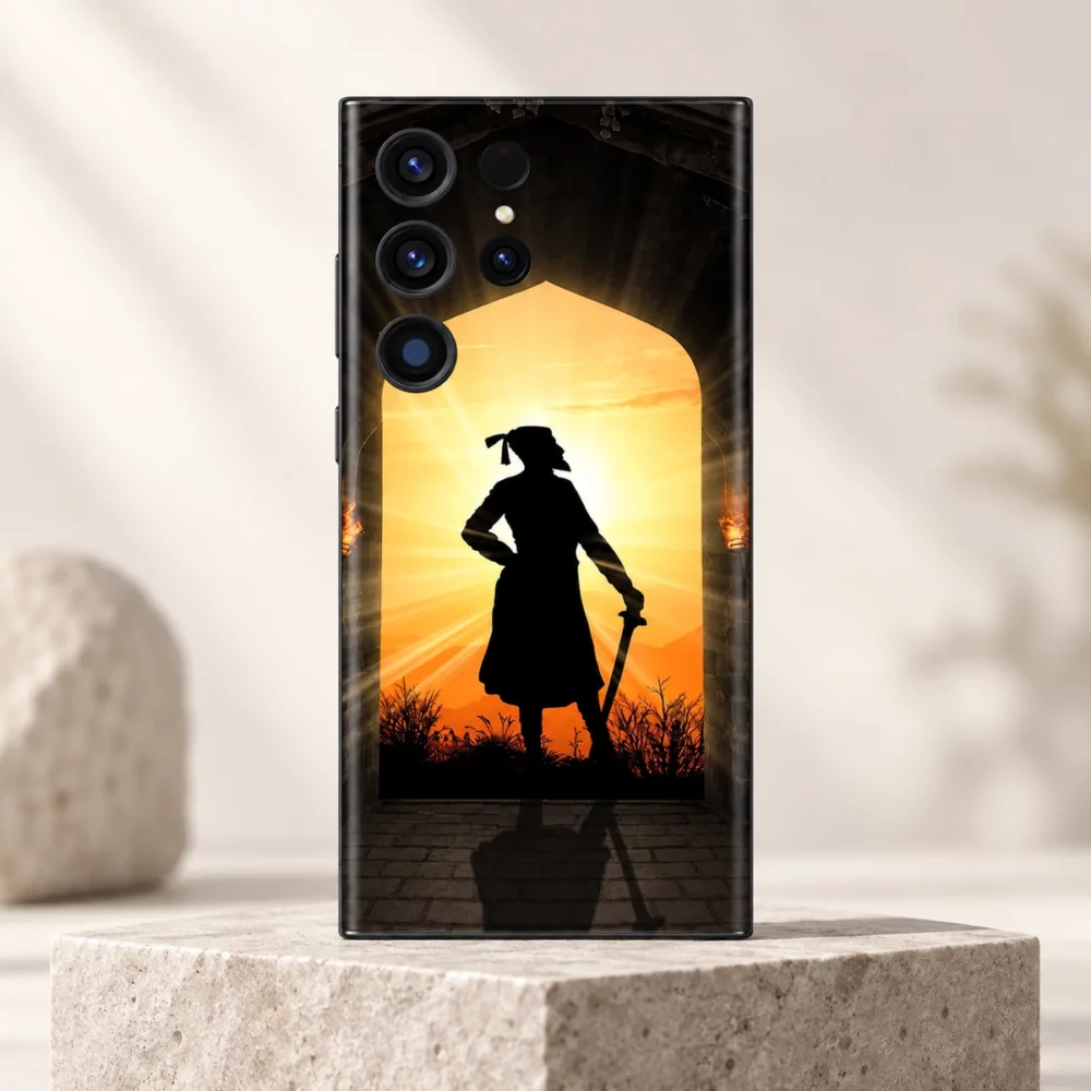Shivaji Maharaj sunrise silhouette mobile skin – clean studio hero