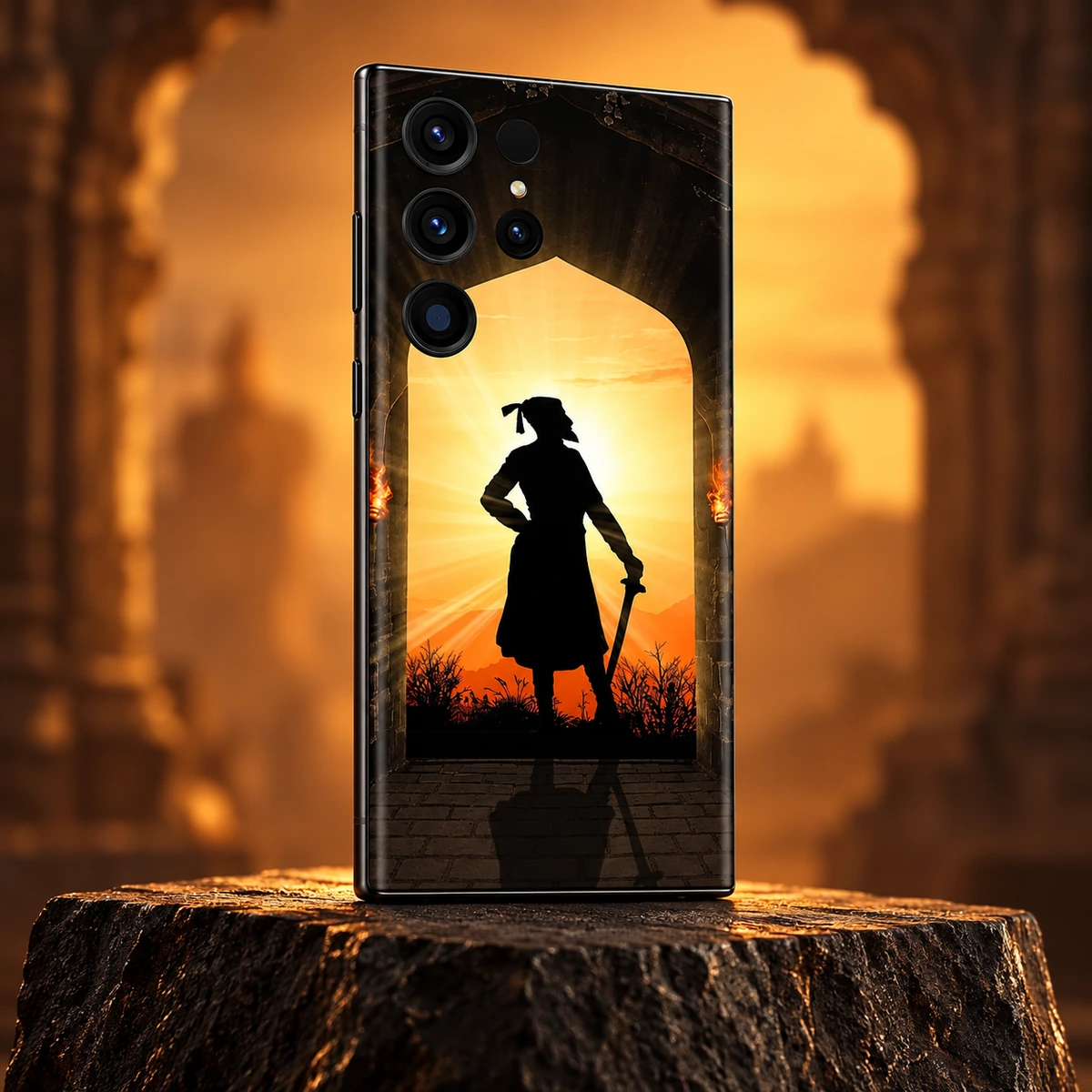 Shivaji Maharaj Sunrise Silhouette Mobile Skin – amber studio angle Shivaji Maharaj sunrise silhouette mobile skin – amber studio angle