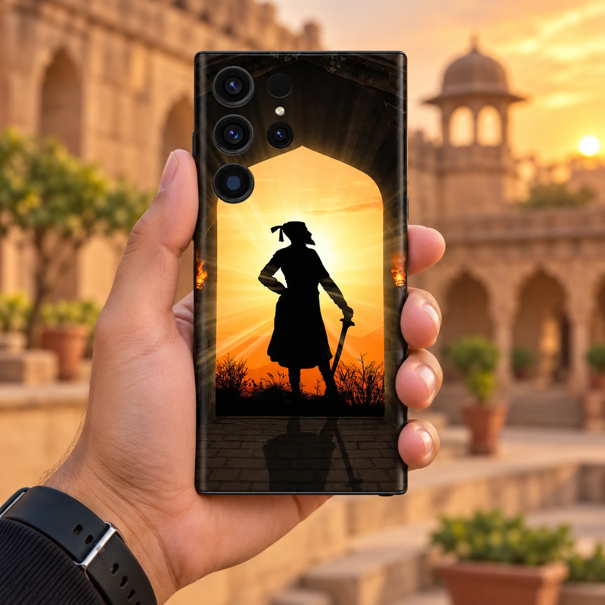Shivaji Maharaj Sunrise Silhouette Mobile Skin – sunset handheld view Shivaji Maharaj sunrise silhouette mobile skin – sunset handheld view