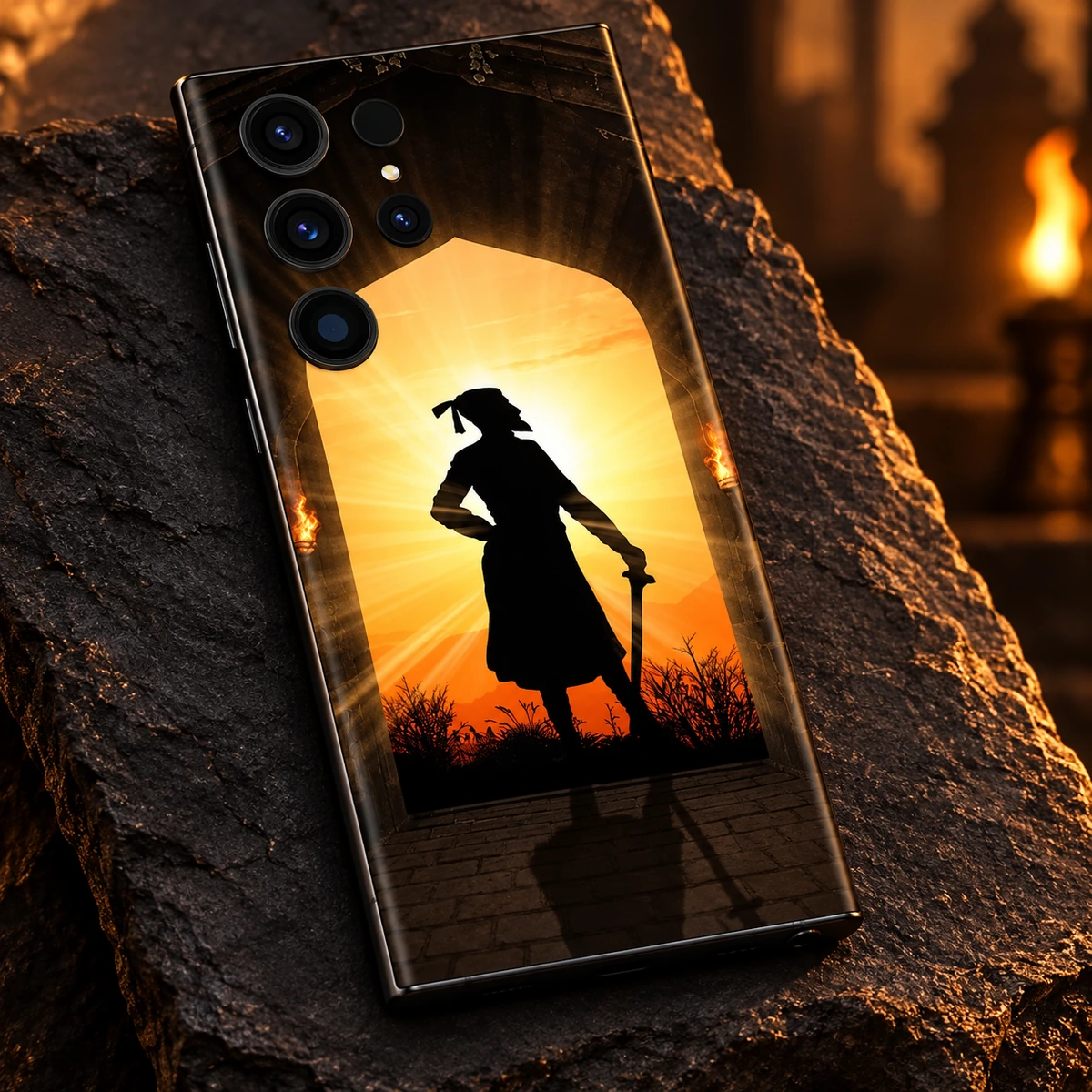 Shivaji Maharaj Sunrise Silhouette Mobile Skin – silhouette artwork detail Shivaji Maharaj sunrise silhouette mobile skin – silhouette artwork detail