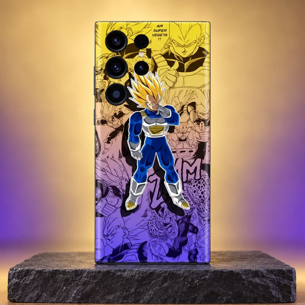 Super Saiyan Vegeta manga mobile skin on a slate plinth with golden studio lighting