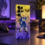 Angled Vegeta manga phone skin on a violet gaming desk