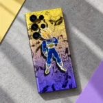 Yellow and purple Vegeta manga mobile skin in a concrete flat lay