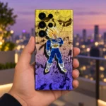 Super Saiyan Vegeta mobile skin held against a softly lit dusk skyline