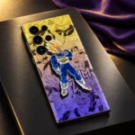 Vegeta manga mobile skin on brushed black metal with purple cloth