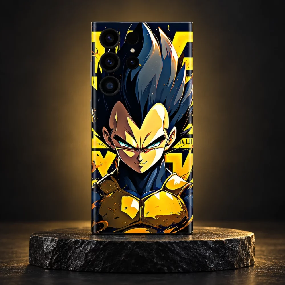 Vegeta black and gold portrait mobile skin on a dark stone studio pedestal