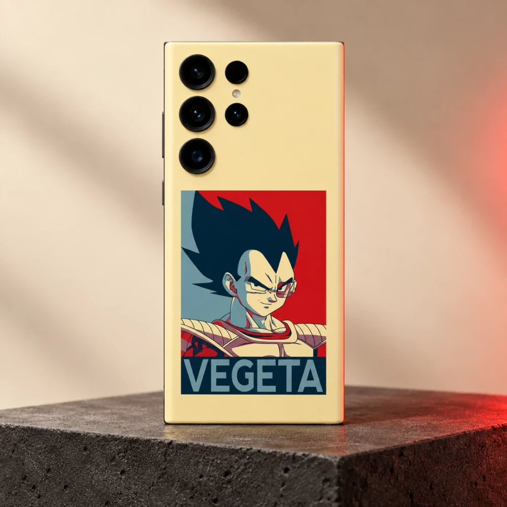 Vegeta pop art mobile skin with cream base on a charcoal studio plinth