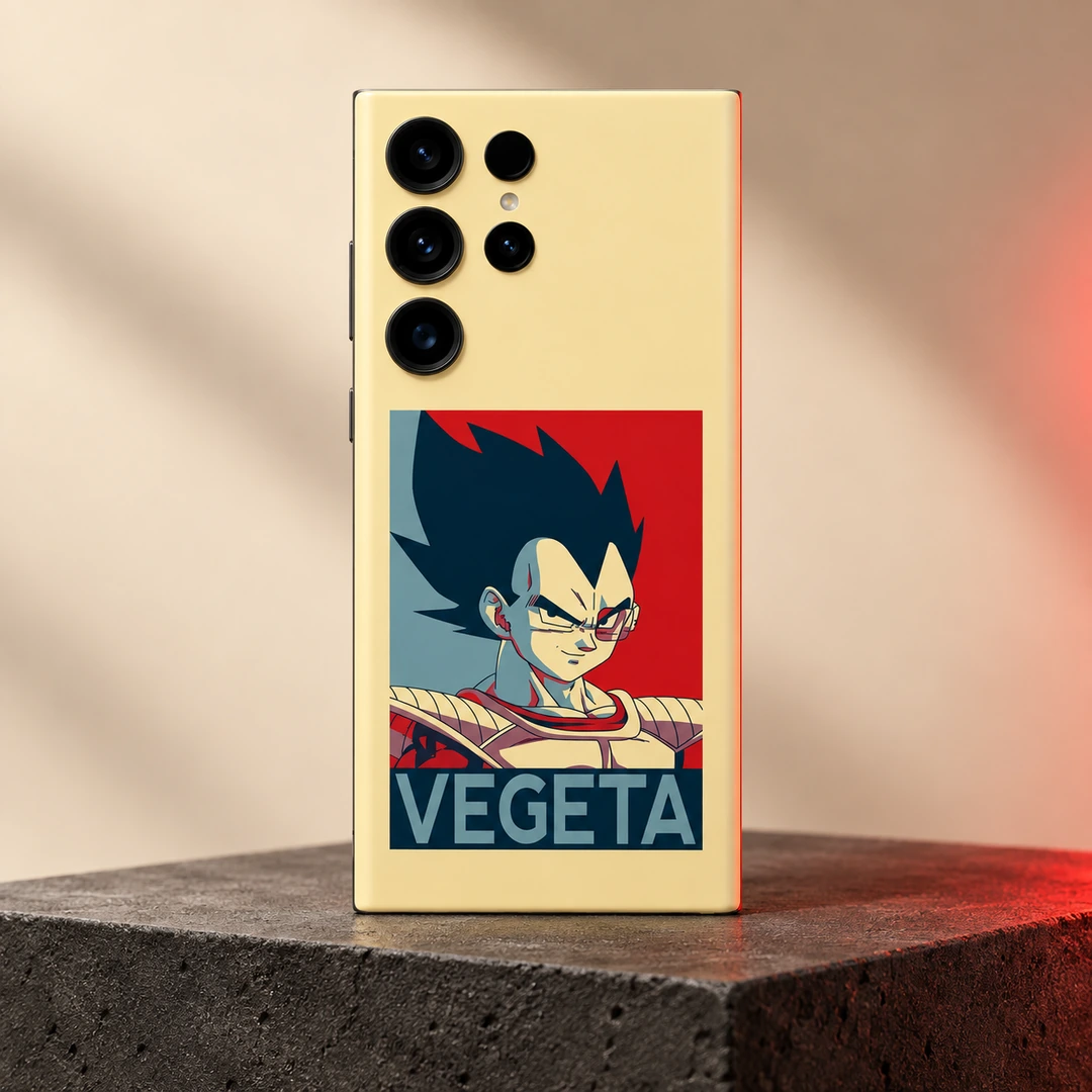Vegeta Pop Art Mobile Skin - Studio hero Vegeta pop art mobile skin with cream base on a charcoal studio plinth