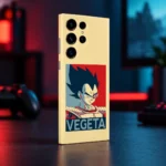 Angled Vegeta mobile skin with red and teal gaming desk lighting