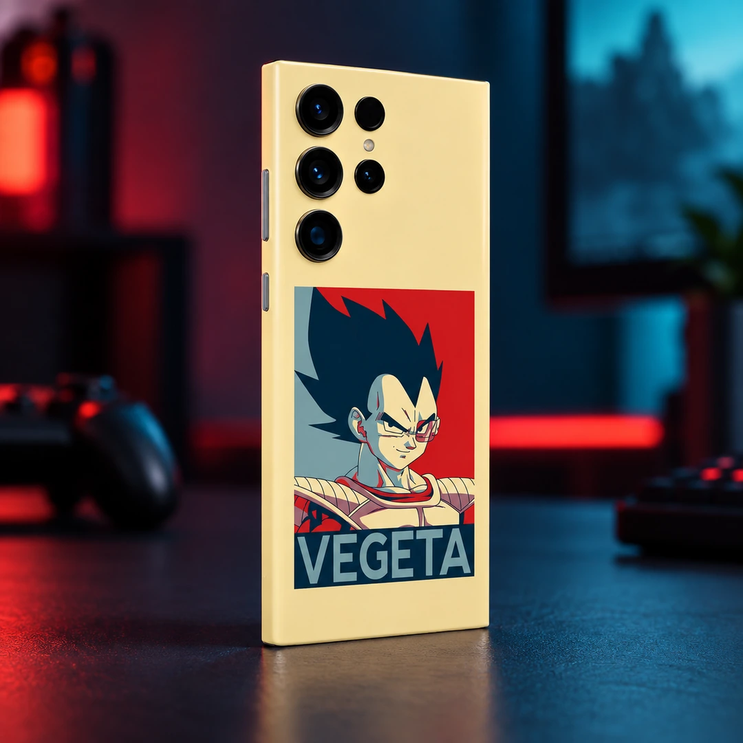 Vegeta Pop Art Mobile Skin - Gaming desk angle Angled Vegeta mobile skin with red and teal gaming desk lighting