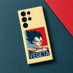 Vegeta mobile skin flat lay showing the portrait and VEGETA lettering