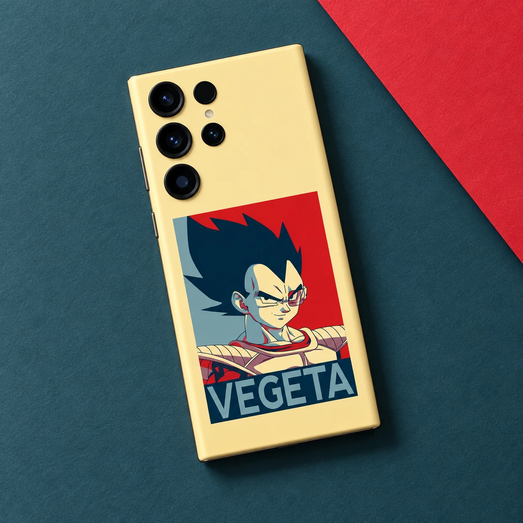 Vegeta Pop Art Mobile Skin - Teal flat lay Vegeta mobile skin flat lay showing the portrait and VEGETA lettering