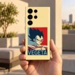 Cream Vegeta mobile skin held outdoors in warm natural light