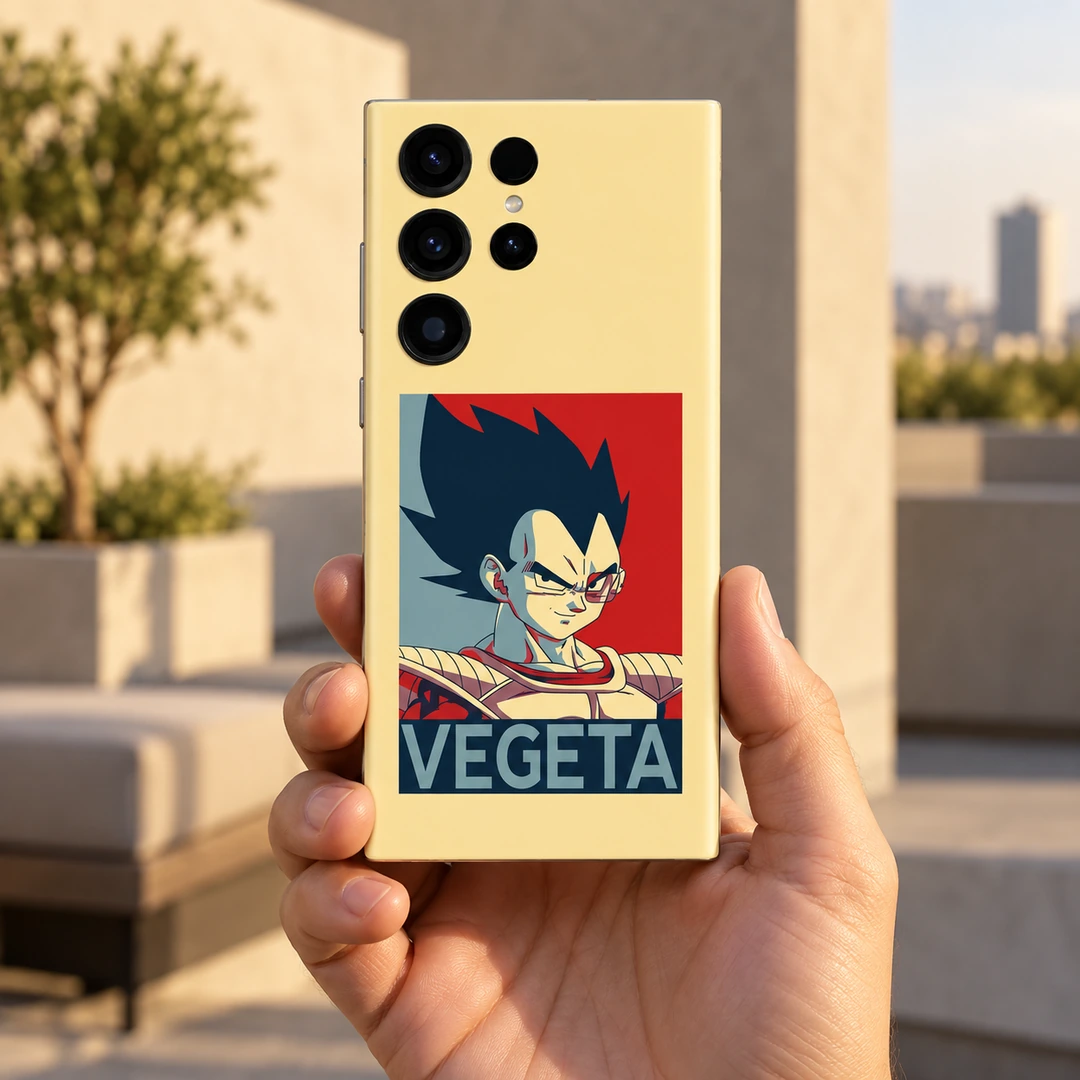 Vegeta Pop Art Mobile Skin - Handheld lifestyle Cream Vegeta mobile skin held outdoors in warm natural light