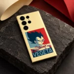 Vegeta pop art phone skin on charcoal stone with red and cream backdrop