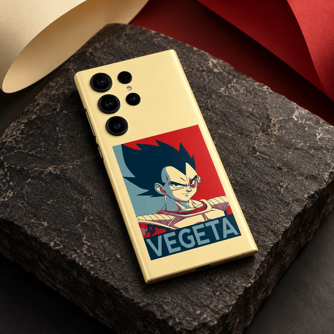 Vegeta Pop Art Mobile Skin - Stone tabletop Vegeta pop art phone skin on charcoal stone with red and cream backdrop