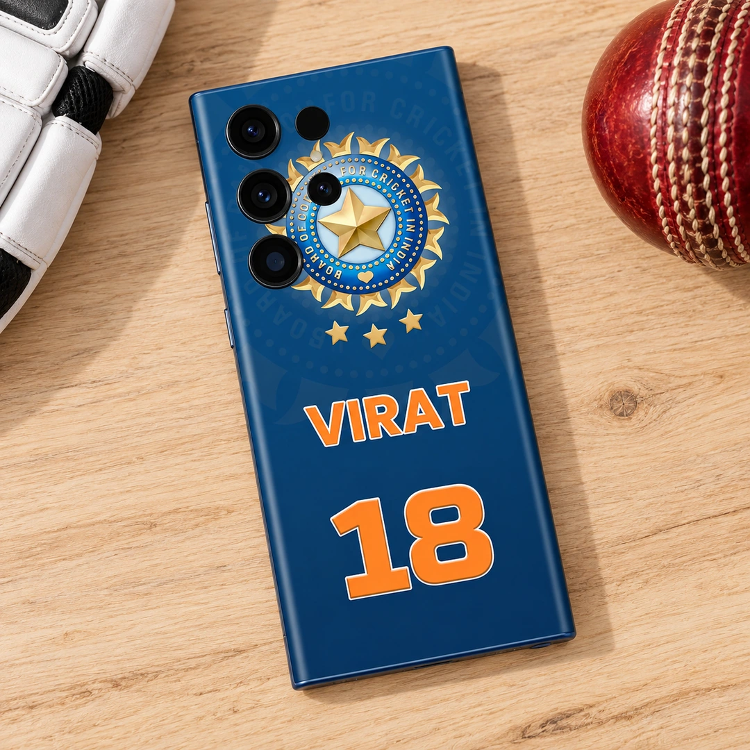 Virat 18 Blue Cricket Mobile Skin - Wood Flat Lay Virat 18 Blue Cricket Mobile Skin shown in a wood flat lay setting