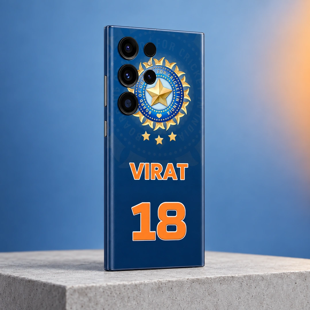 Virat 18 Blue Cricket Mobile Skin - Angled Studio Virat 18 Blue Cricket Mobile Skin shown in a angled studio setting