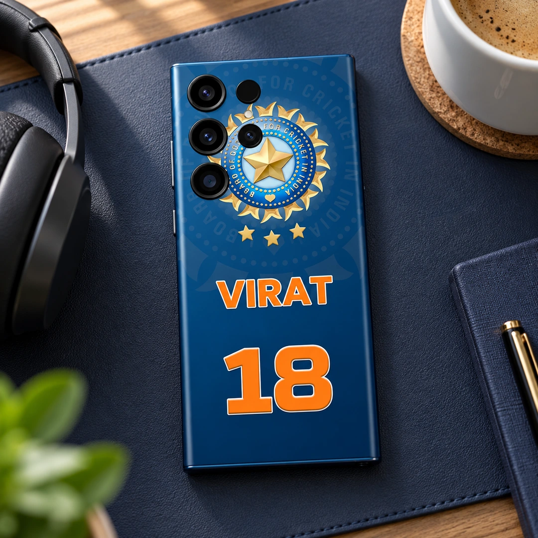 Virat 18 Blue Cricket Mobile Skin - Match Day Desk Virat 18 Blue Cricket Mobile Skin shown in a match day desk setting