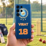 Virat 18 Blue Cricket Mobile Skin shown in a cricket net handheld setting