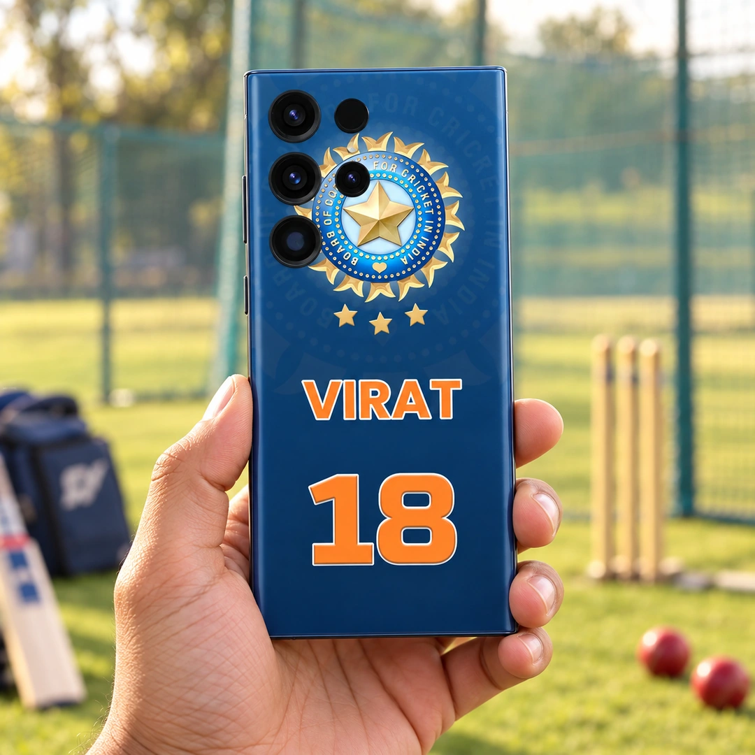 Virat 18 Blue Cricket Mobile Skin - Cricket Net Handheld Virat 18 Blue Cricket Mobile Skin shown in a cricket net handheld setting
