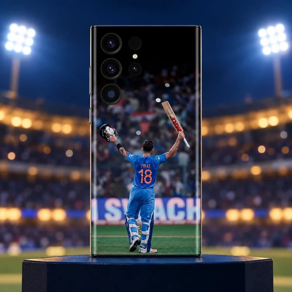 Virat Kohli 18 Bat and Helmet Celebration Mobile Skin, night stadium hero showing VIRAT 18 with bat and helmet raised