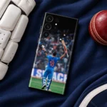 Virat Kohli 18 Bat and Helmet Celebration Mobile Skin, cricket kit flat lay showing VIRAT 18 with bat and helmet raised