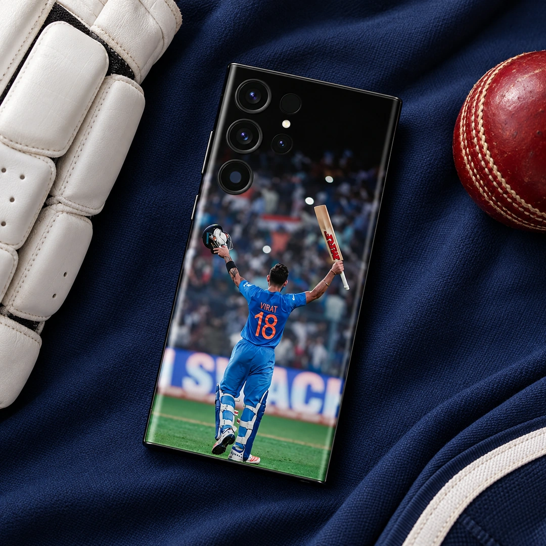 Virat Kohli 18 Bat and Helmet Celebration Mobile Skin – Cricket kit flat lay Virat Kohli 18 Bat and Helmet Celebration Mobile Skin, cricket kit flat lay showing VIRAT 18 with bat and helmet raised