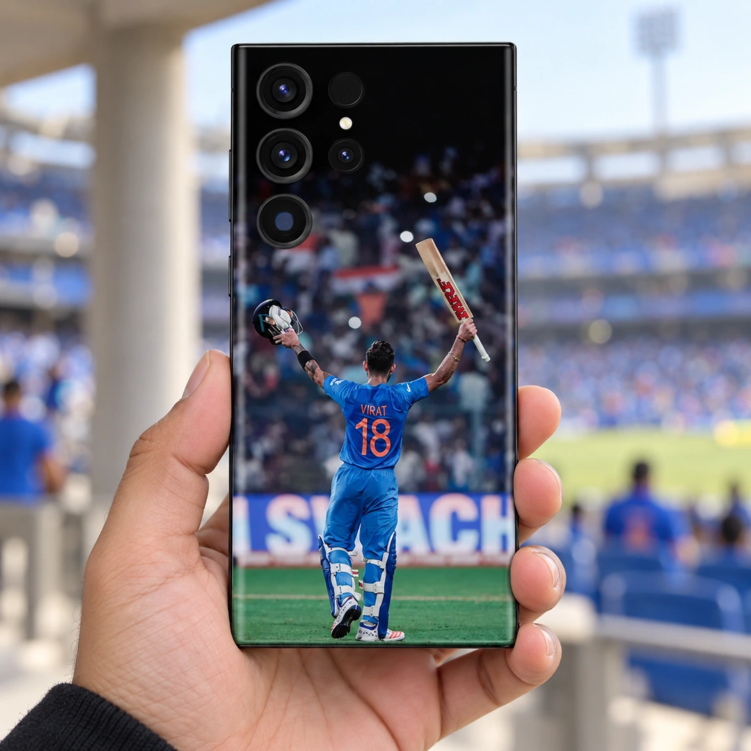 Virat Kohli 18 Bat and Helmet Celebration Mobile Skin – Stadium handheld view Virat Kohli 18 Bat and Helmet Celebration Mobile Skin, stadium handheld view showing VIRAT 18 with bat and helmet raised
