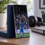 Virat Kohli 18 Bat and Helmet Celebration Mobile Skin, fan desk view showing VIRAT 18 with bat and helmet raised