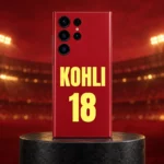 Red Virat Kohli mobile skin with bold yellow KOHLI 18 lettering, red stadium hero