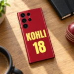 Red Virat Kohli mobile skin with bold yellow KOHLI 18 lettering, cricket fan desk