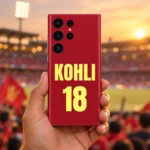 Red Virat Kohli mobile skin with bold yellow KOHLI 18 lettering, handheld stadium view