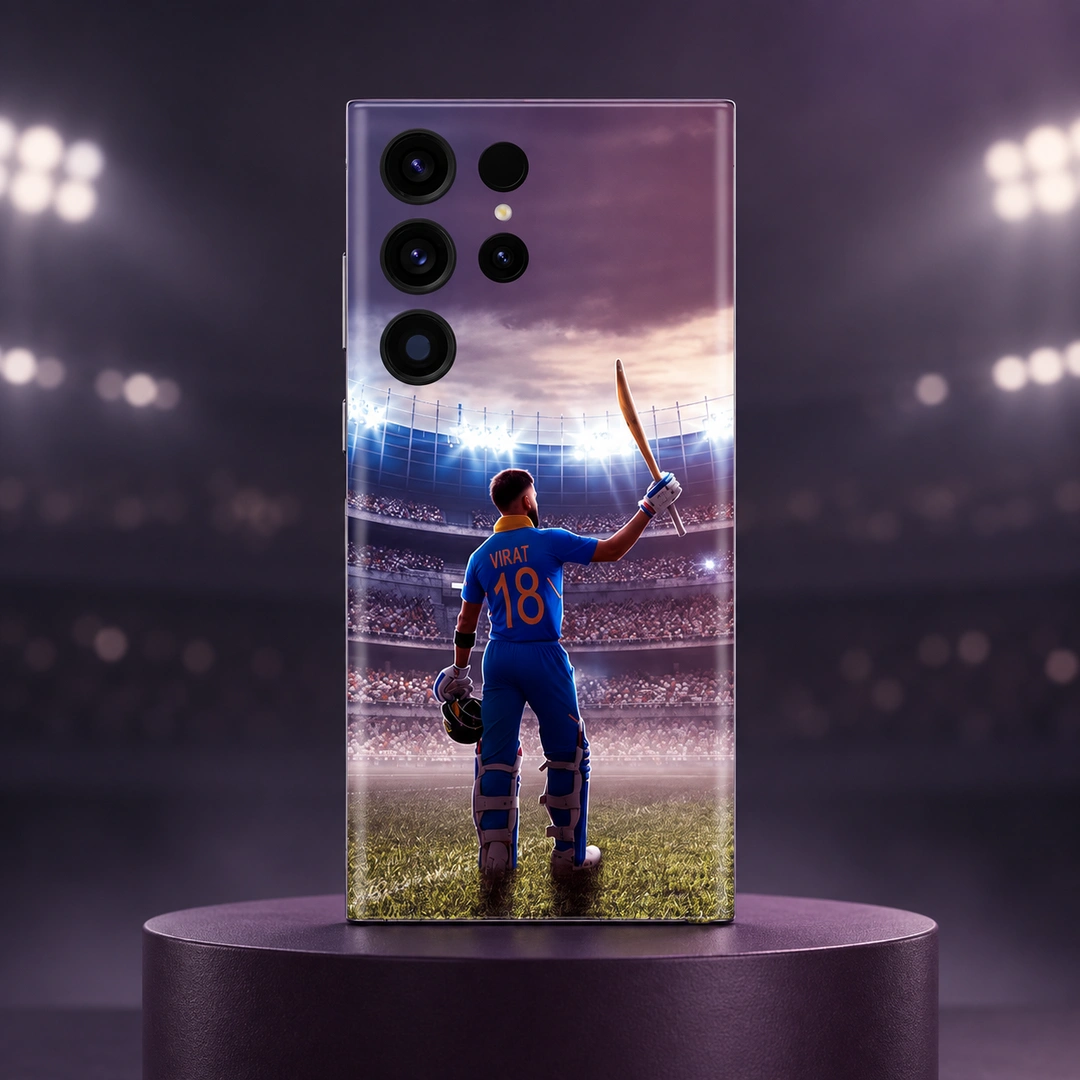 Virat Kohli 18 Stadium Mobile Skin – Plum stadium hero Virat Kohli mobile skin with VIRAT 18 raised-bat stadium artwork in plum stadium hero