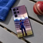 Virat Kohli mobile skin with VIRAT 18 raised-bat stadium artwork in sports bench flat lay