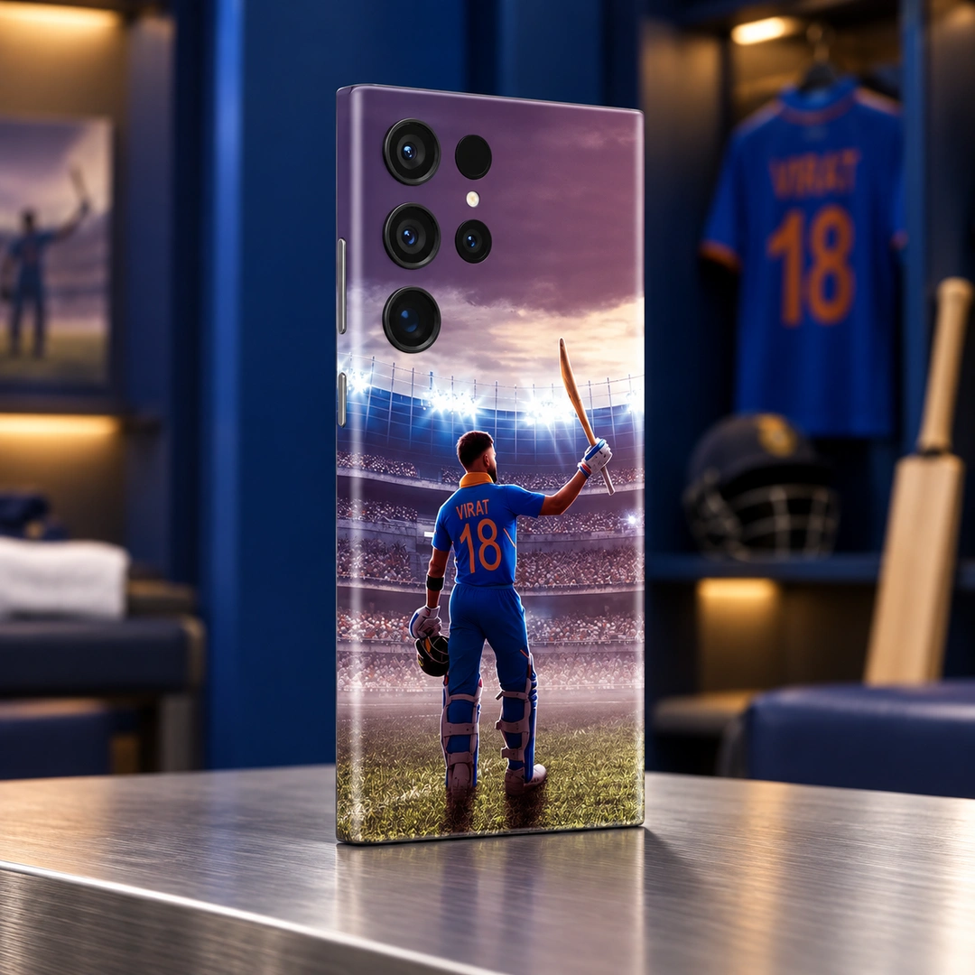 Virat Kohli 18 Stadium Mobile Skin – Locker room angle Virat Kohli mobile skin with VIRAT 18 raised-bat stadium artwork in locker room angle