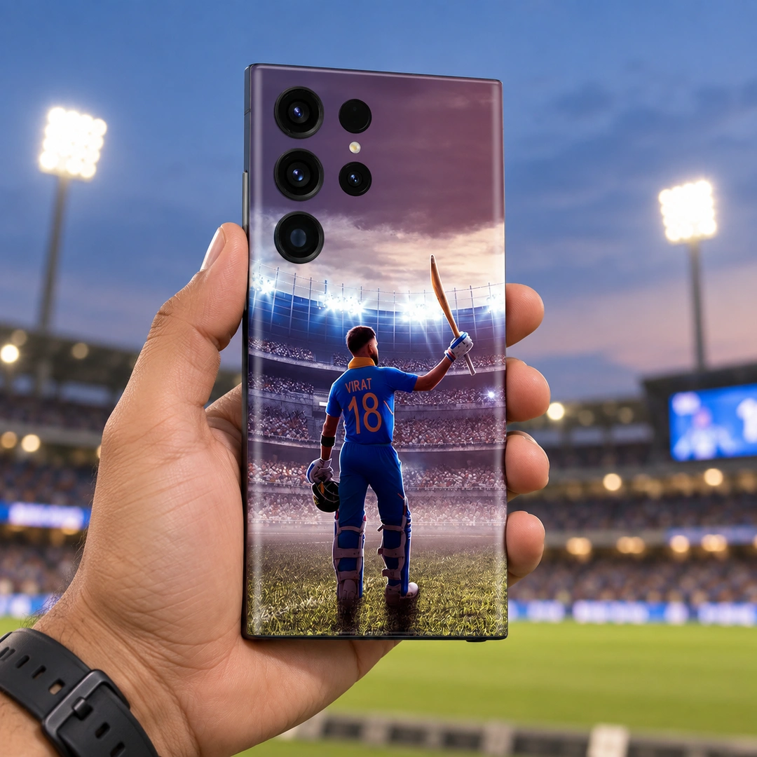 Virat Kohli 18 Stadium Mobile Skin – Dusk cricket handheld Virat Kohli mobile skin with VIRAT 18 raised-bat stadium artwork in dusk cricket handheld