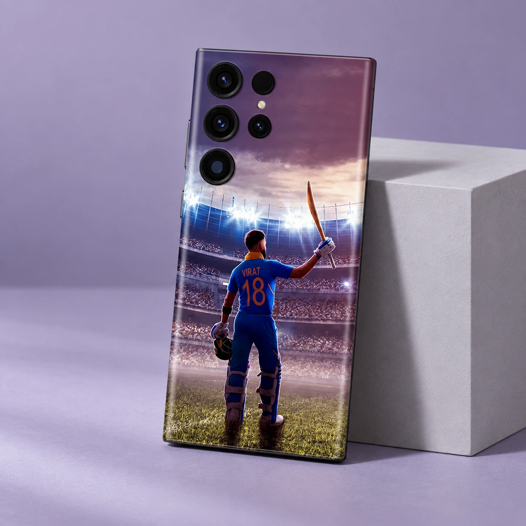 Virat Kohli 18 Stadium Mobile Skin – Lavender studio portrait Virat Kohli mobile skin with VIRAT 18 raised-bat stadium artwork in lavender studio portrait
