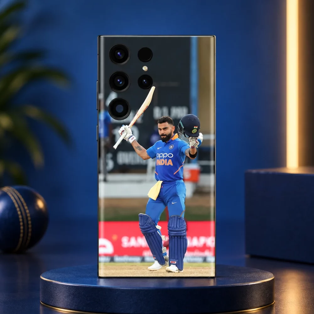 Virat Kohli mobile skin showing a raised bat and helmet celebration in blue India uniform, navy studio hero
