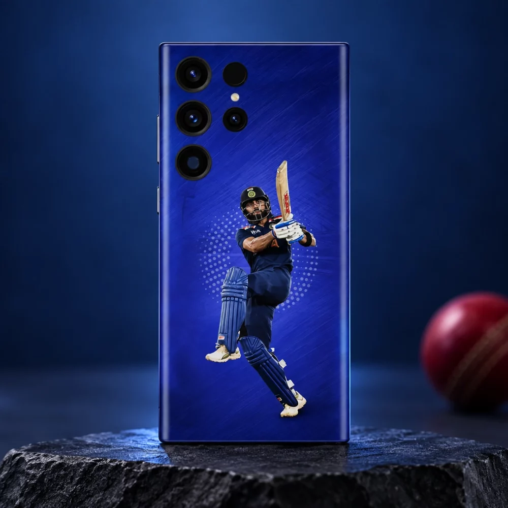 Virat Kohli batting photo mobile skin on royal blue, navy cricket studio hero