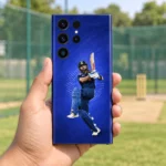 Virat Kohli batting photo mobile skin on royal blue, handheld at practice nets